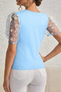 Blue Floral Mesh Puff Sleeve Crew Neck Top Florida Girl Fashion Boutique