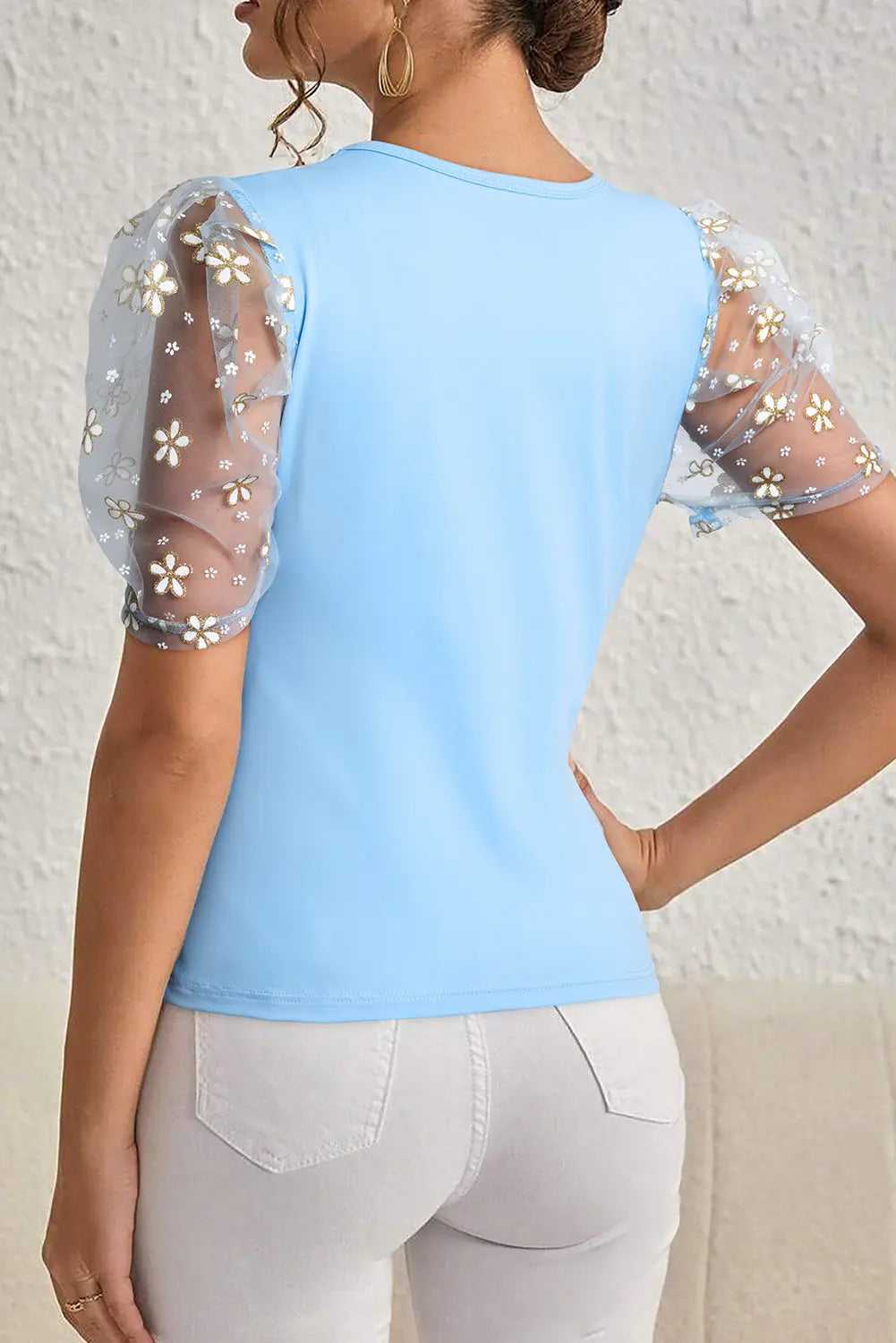 Blue Floral Mesh Puff Sleeve Crew Neck Top Florida Girl Fashion Boutique