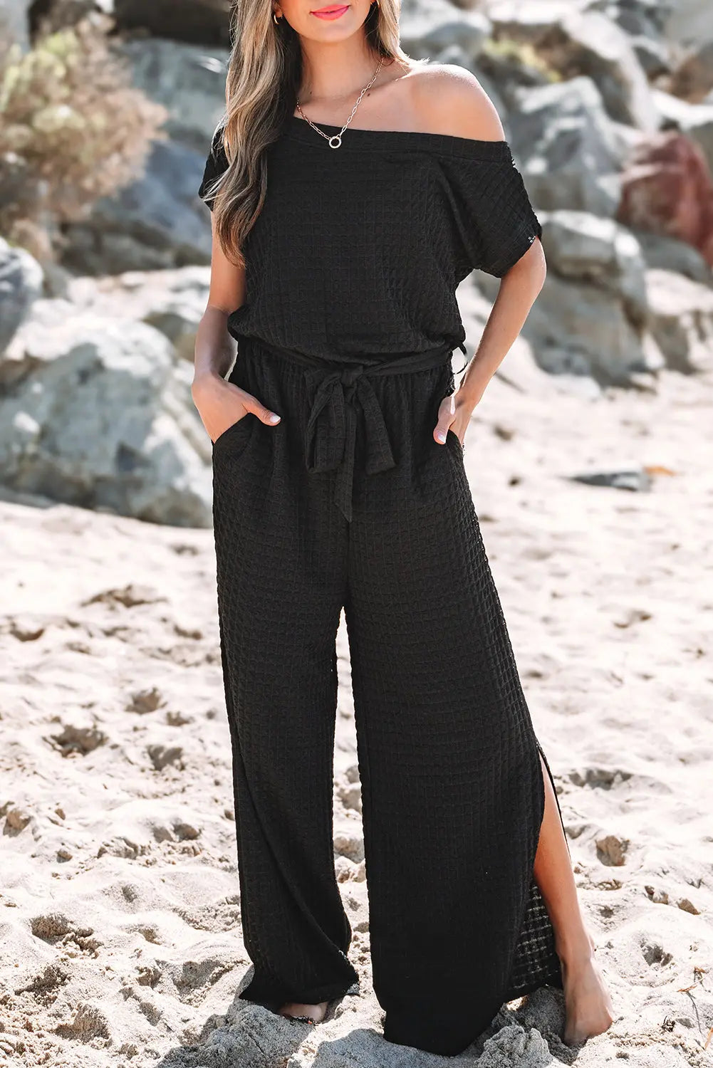 Black One Shoulder Knotted Waist Jumpsuit Florida Girl Fashion Boutique
