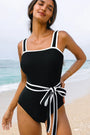 Black Colorblock Edge Belted One Piece Swimsuit Florida Girl Fashion Boutique