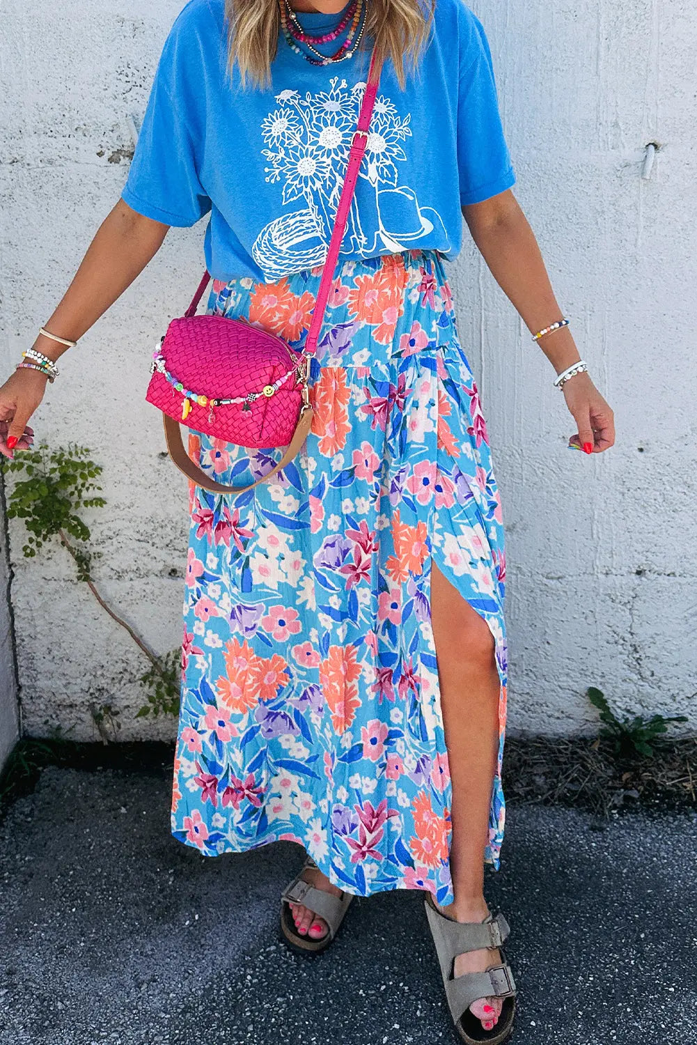 Blue Floral Printed High Waist Split Wrap Long Skirt Florida Girl Fashion Boutique