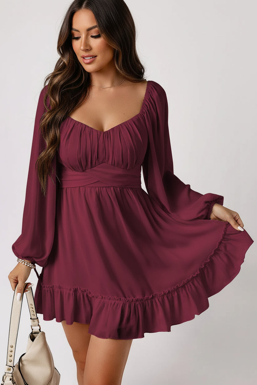 Wine Long Sleeve Ruffle Mini Dress Florida Girl Fashion Boutique