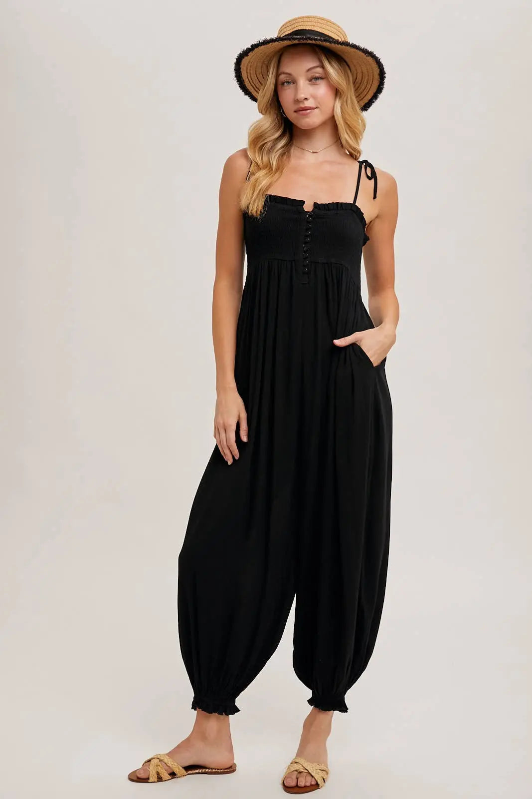 Gauze Smocked Jumpsuit Bluivy