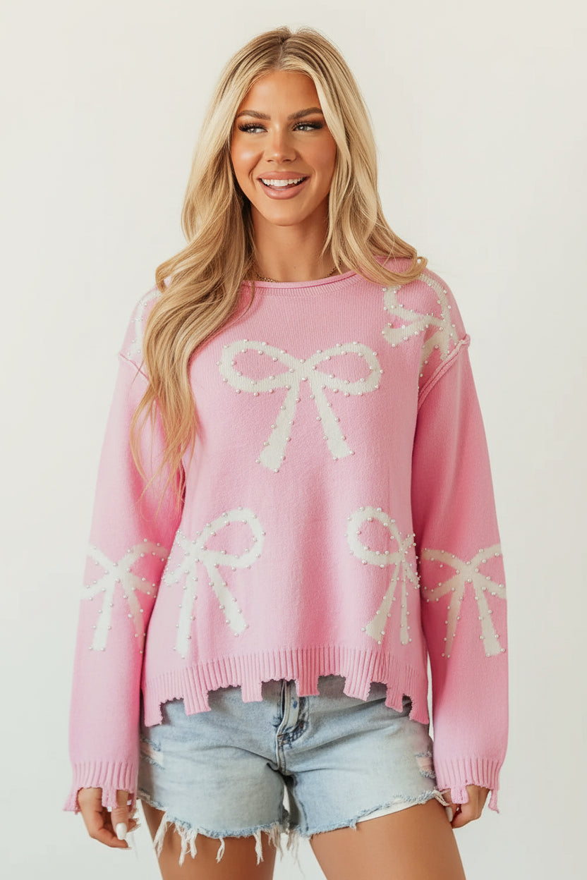 Pearl Beaded Bowknot Distressed Hem Sweater Florida Girl Fashion Boutique