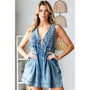 Denim V Neck Sleeveless Romper with Tie Veveret