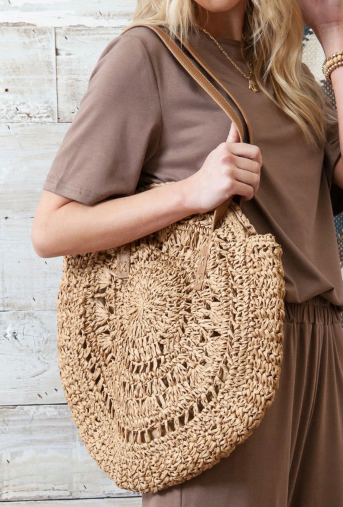 Boho Crochet Straw Round Tote Bag