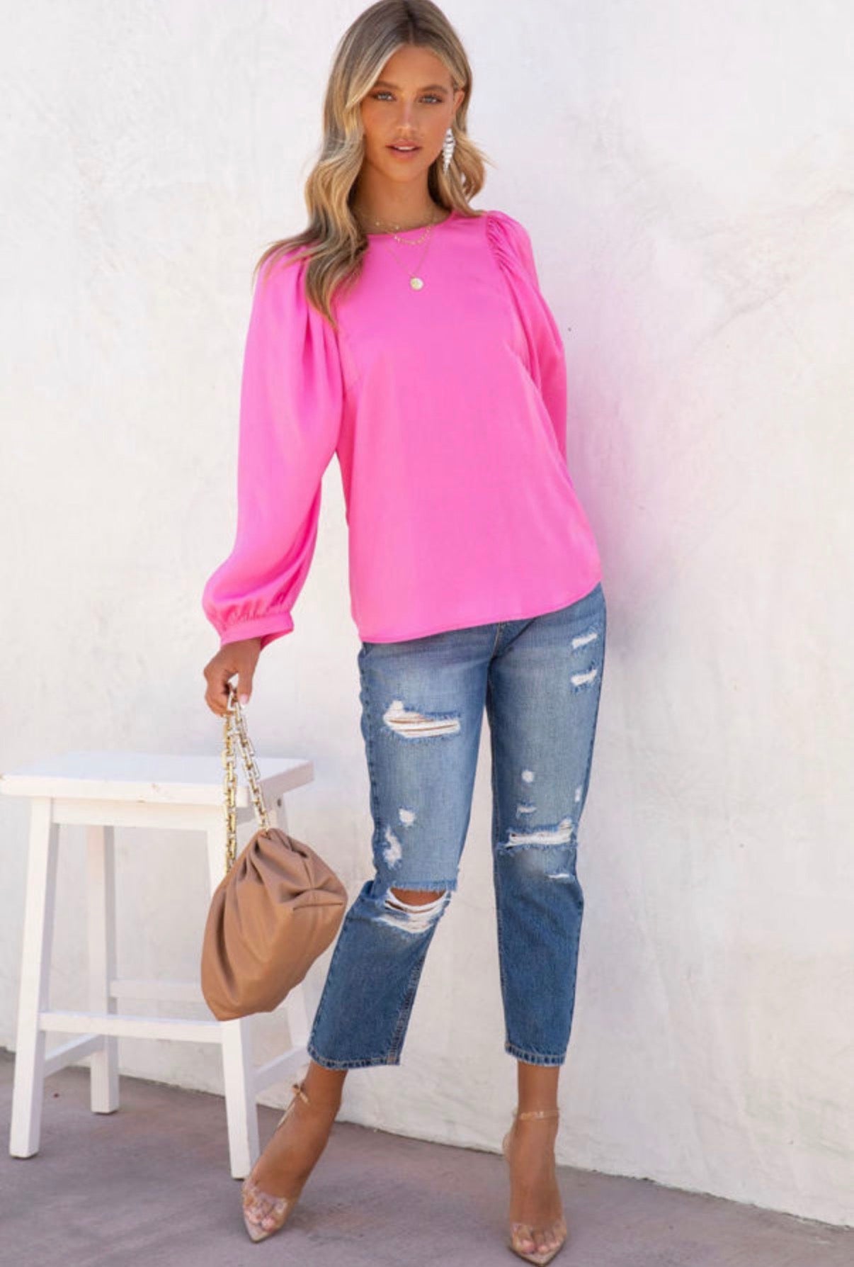 Hot Pink Puff Sleeve Blouse