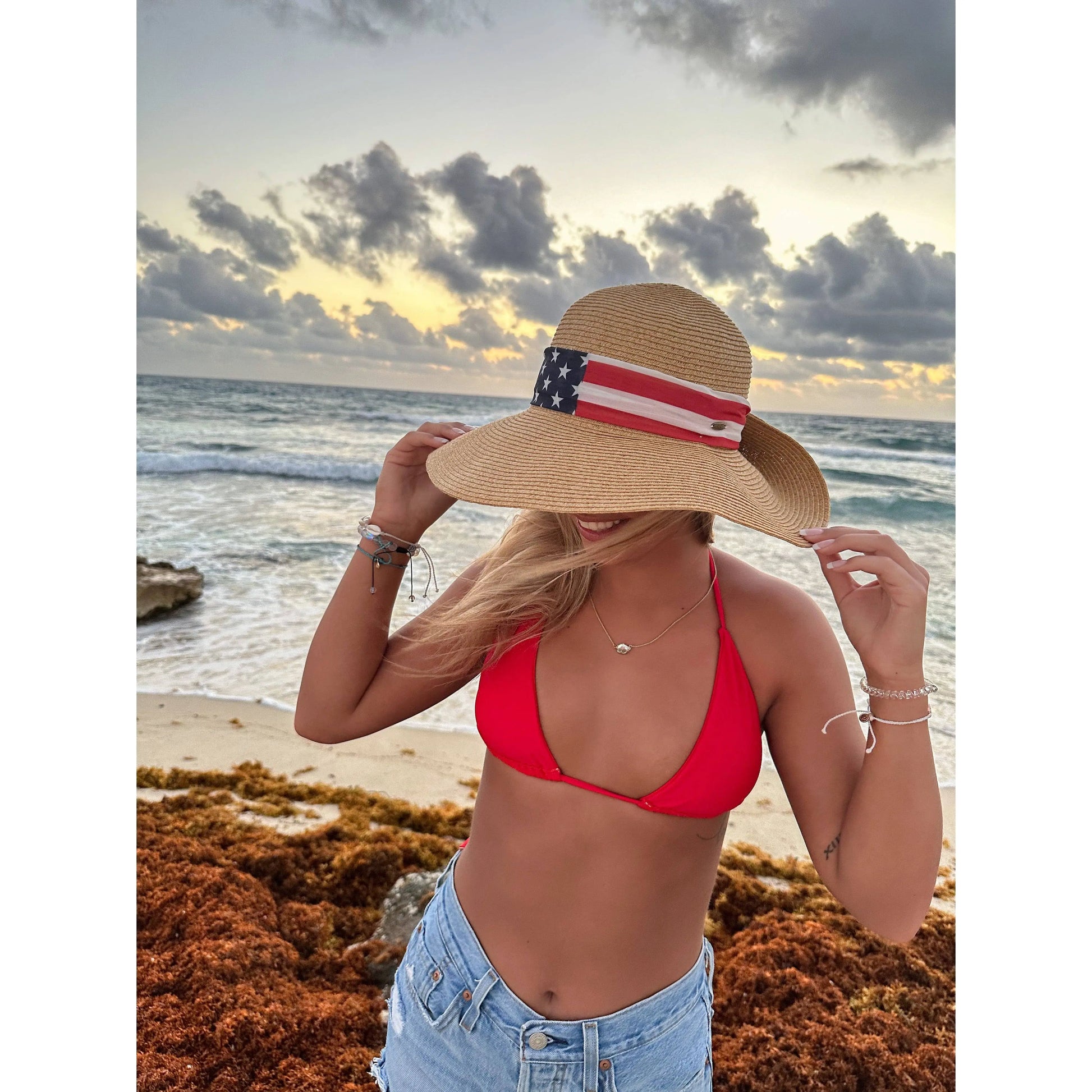USA Print Ribbon Trim Wide Brim C.C Beanie