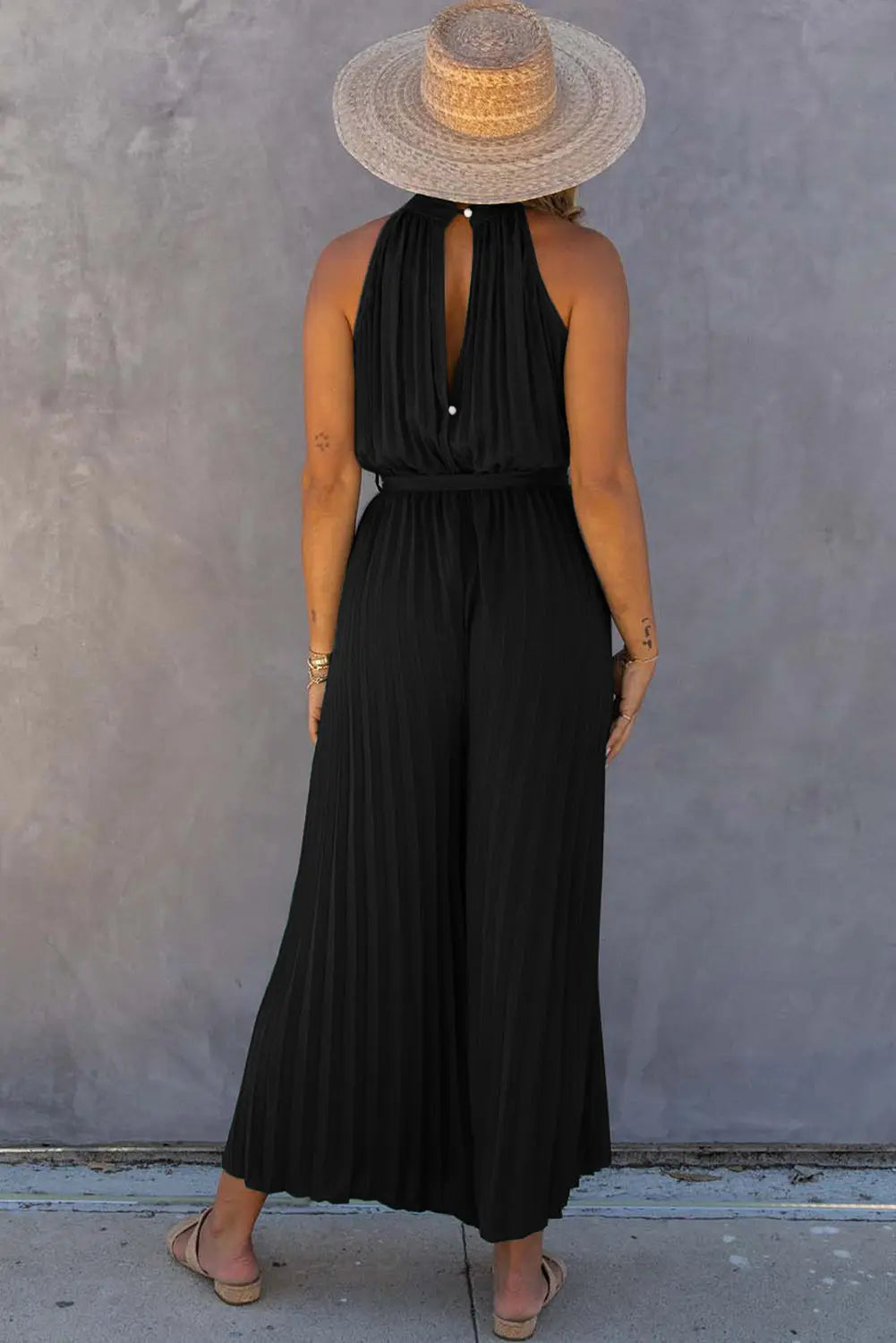 Black Halter Neck Pleated Wide Leg Jumpsuit with Belt Florida Girl Fashion Boutique