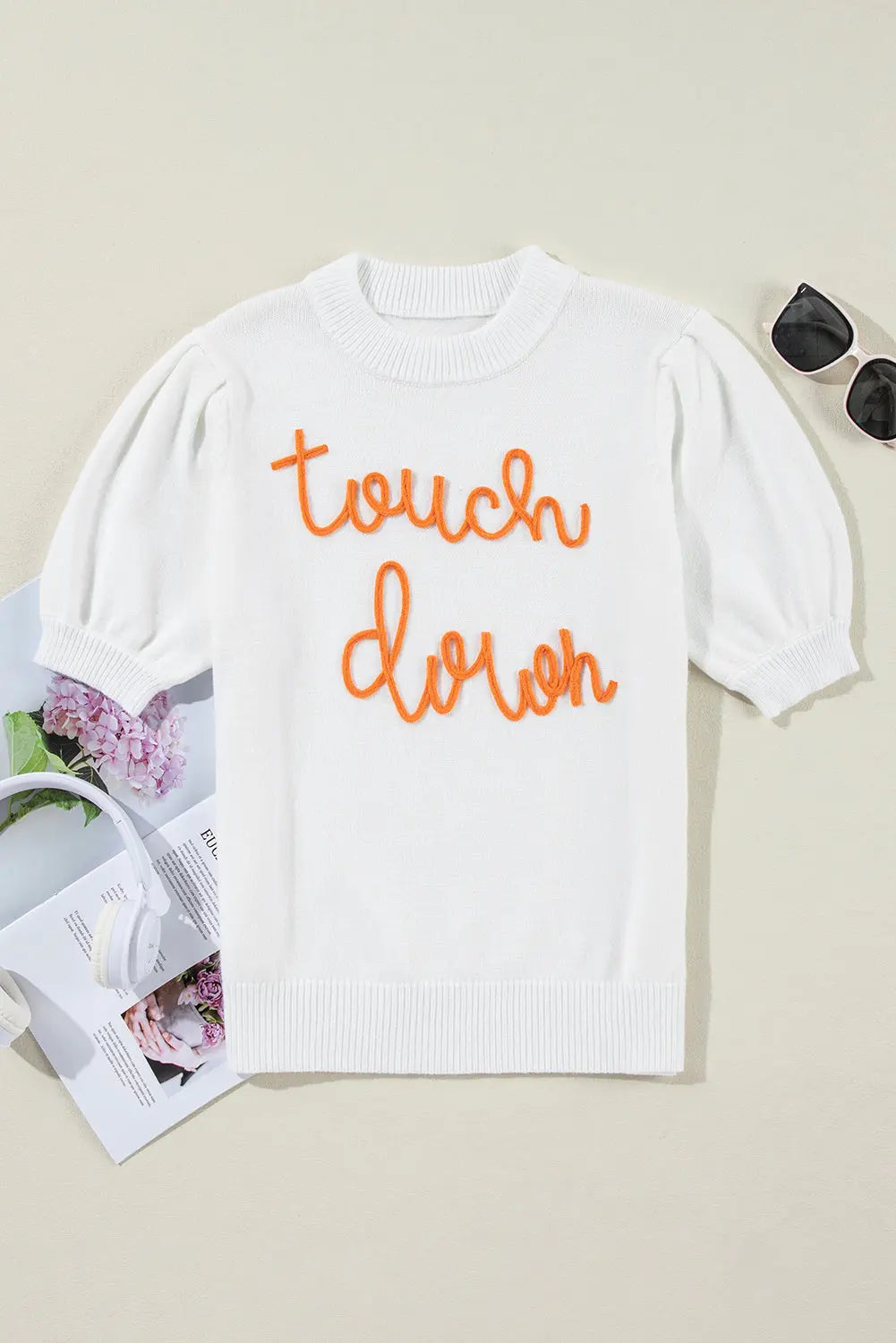 White Touchdown Tinsel Puff Short Sleeve Crew Neck Sweater Florida Girl Fashion Boutique