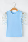 Blue Floral Mesh Puff Sleeve Crew Neck Top Florida Girl Fashion Boutique