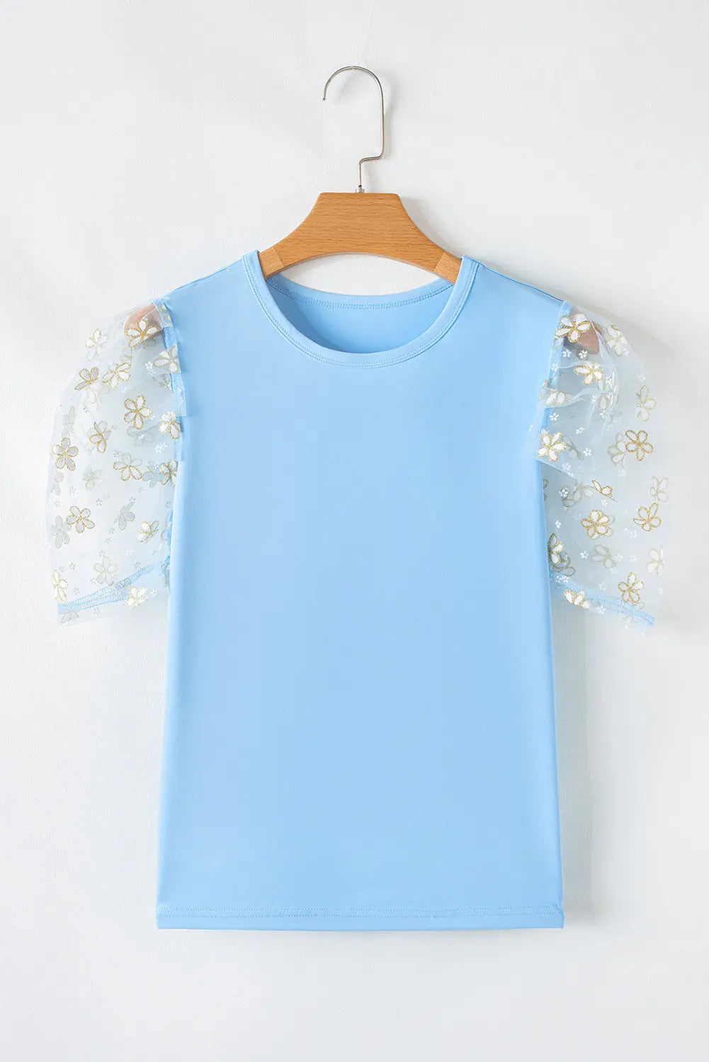 Blue Floral Mesh Puff Sleeve Crew Neck Top Florida Girl Fashion Boutique