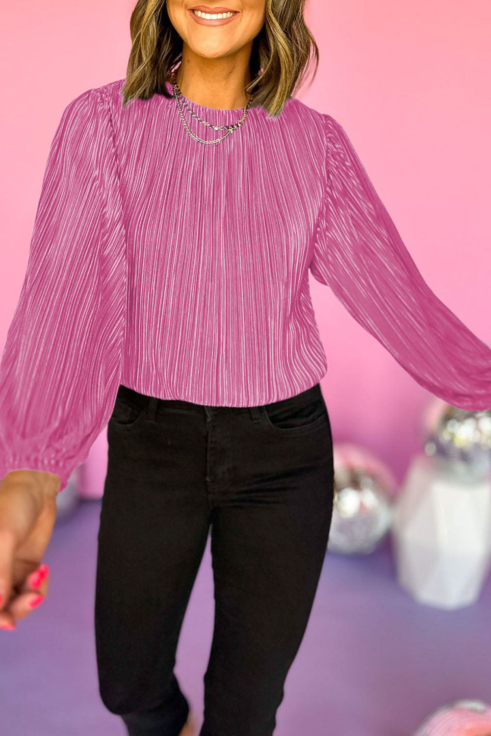 Pink Pleated Long Sleeve Blouse Florida Girl Fashion Boutique