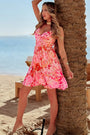 Red Floral Spaghetti Strap Surplice Neck Shirred Waist Mini Dress Florida Girl Fashion Boutique