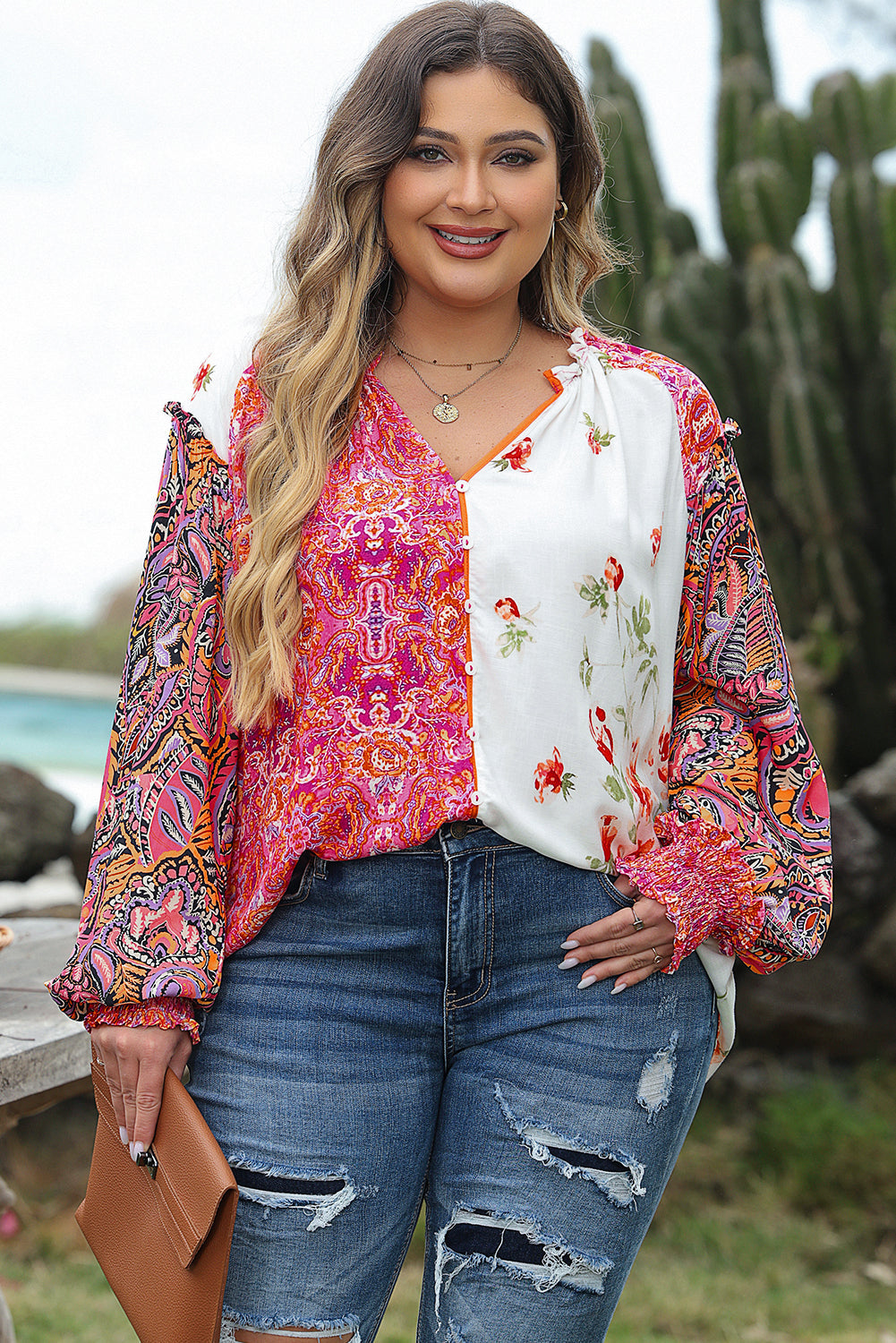 Boho Floral Patchwork Shirred Cuffs Blouse Florida Girl Fashion Boutique