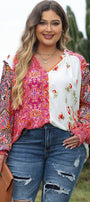 Boho Floral Patchwork Shirred Cuffs Blouse Florida Girl Fashion Boutique