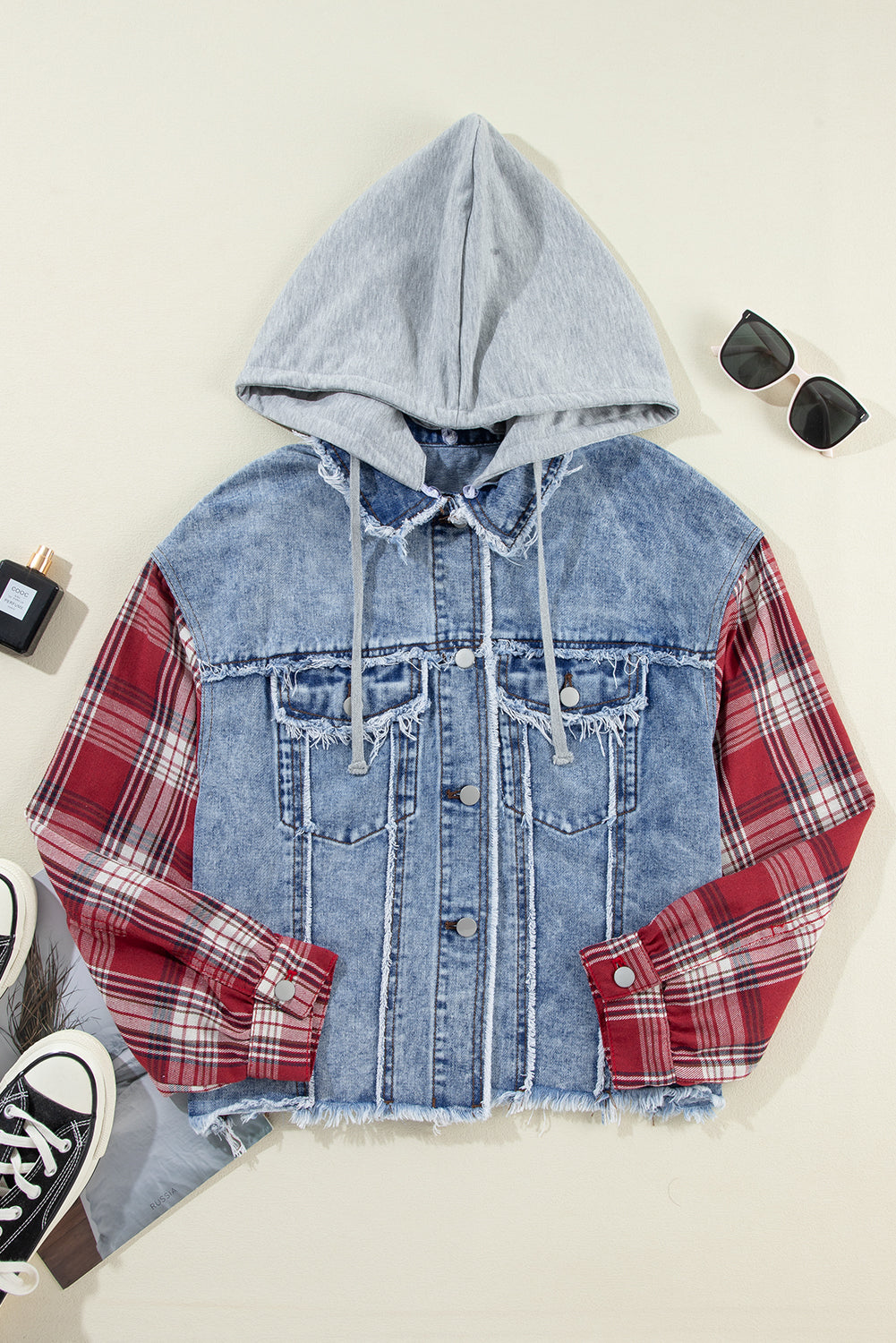 Plaid Hooded Distressed Denim Jacket Florida Girl Fashion Boutique