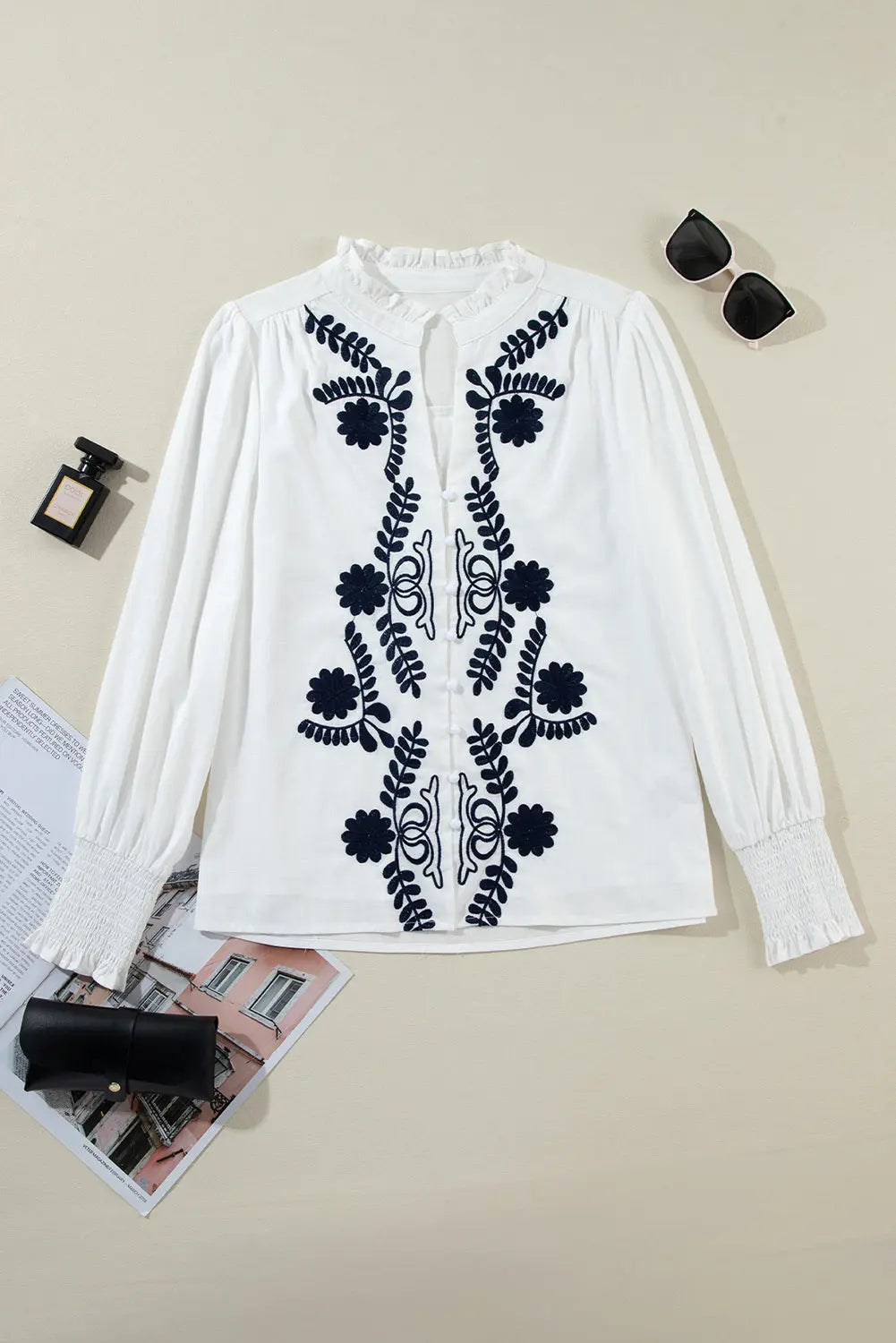 Floral Embroidered Shirred Sleeve Blouse Florida Girl Fashion Boutique