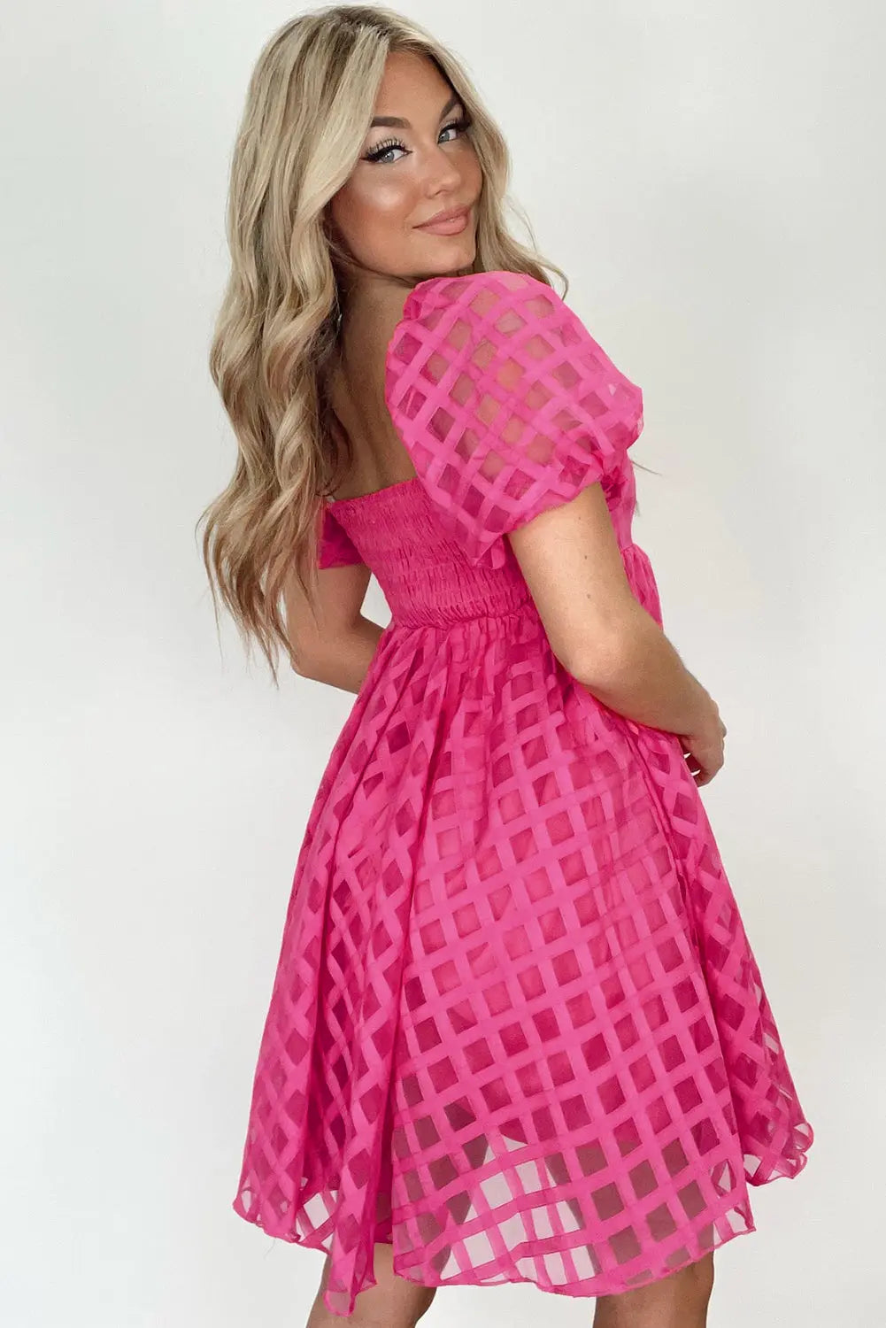 Strawberry Pink Checkered Puff Sleeve Babydoll Dress Florida Girl Fashion Boutique