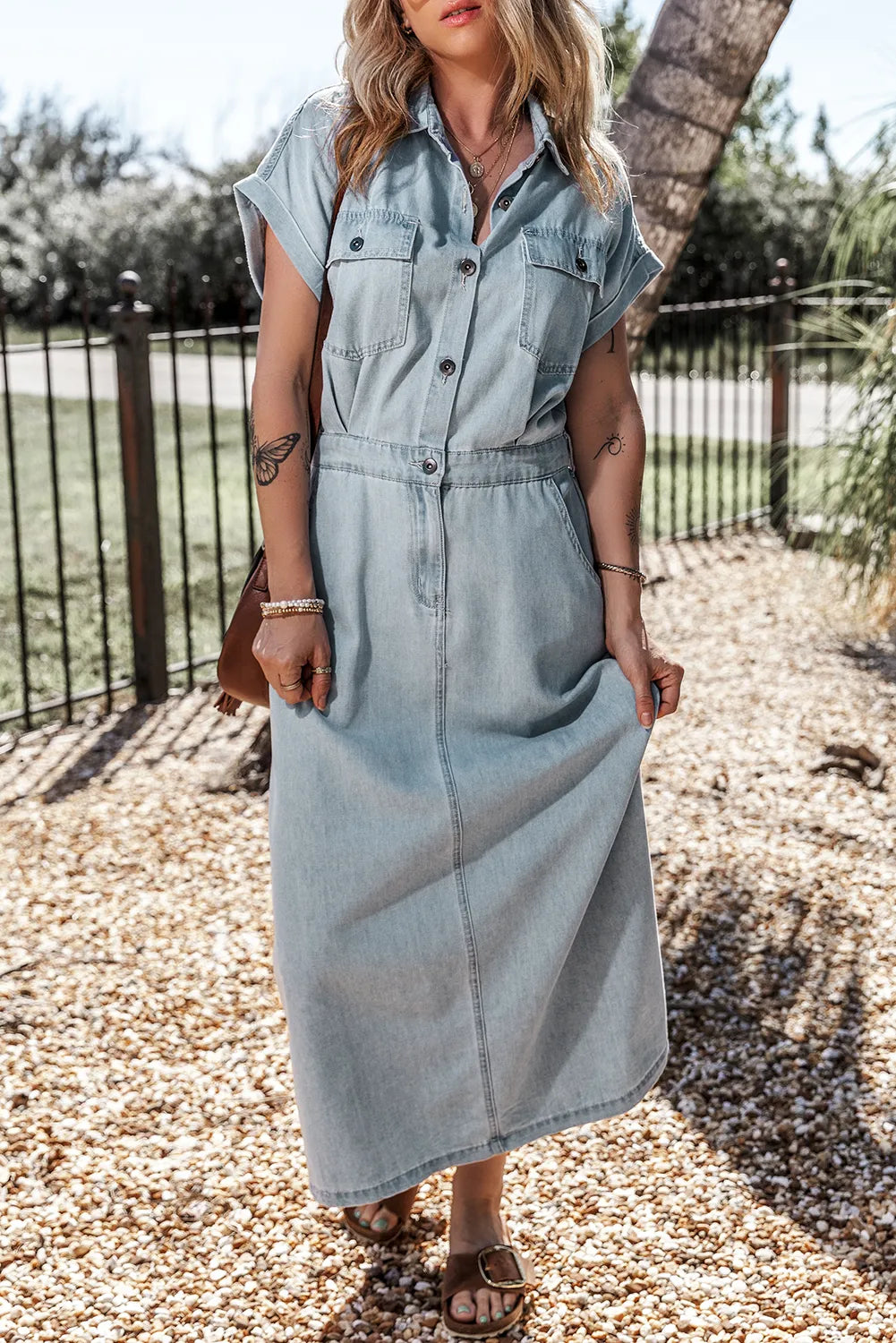 Batwing Sleeve Slit Back Denim Dress Florida Girl Fashion Boutique