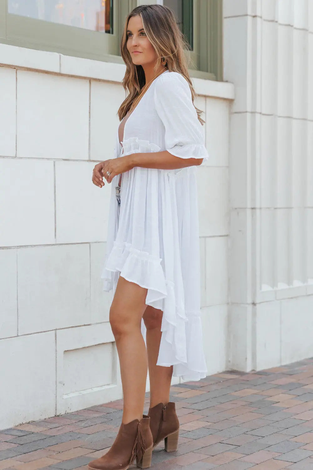 White Half Sleeve Ruffled High Low Kimono Florida Girl Fashion Boutique