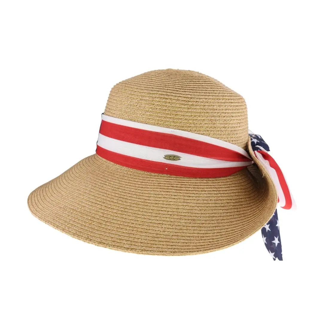 USA Print Ribbon Trim Wide Brim C.C Beanie