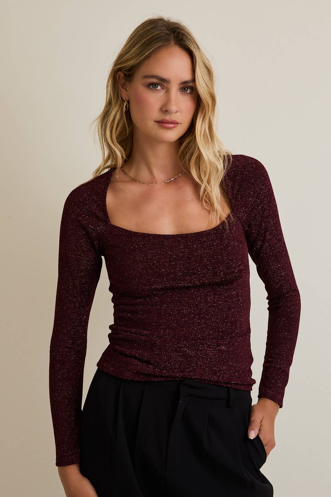 Shimmer Square Neck Long Sleeve Top
