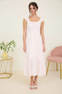 BOW PATTERN RUCHED SLEEVE SMOCKED MIDI DRESS Blu Pepper