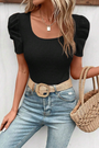 Waffle Knit Ruched Puff Sleeve Top Florida Girl Fashion Boutique
