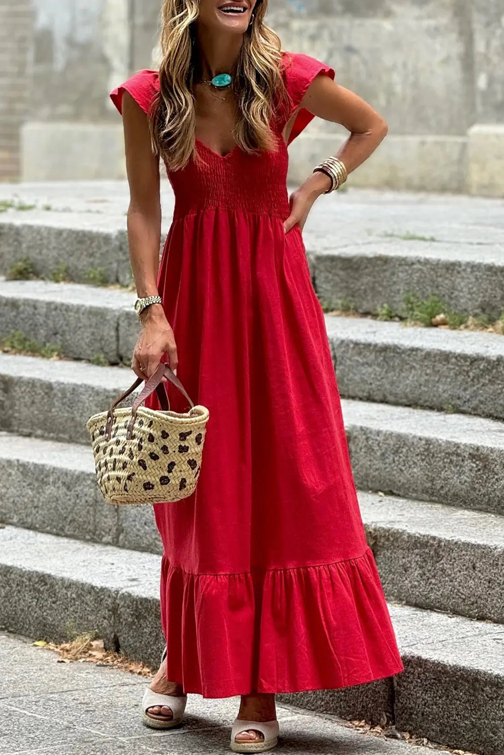 Red Flutter Sleeve High Waist Ruffle Maxi Dress Florida Girl Fashion Boutique