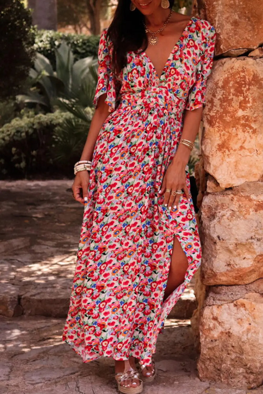 Red Floral Deep V Neck Cutout Maxi Dress Florida Girl Fashion Boutique