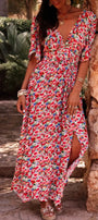 Red Floral Deep V Neck Cutout Maxi Dress Florida Girl Fashion Boutique