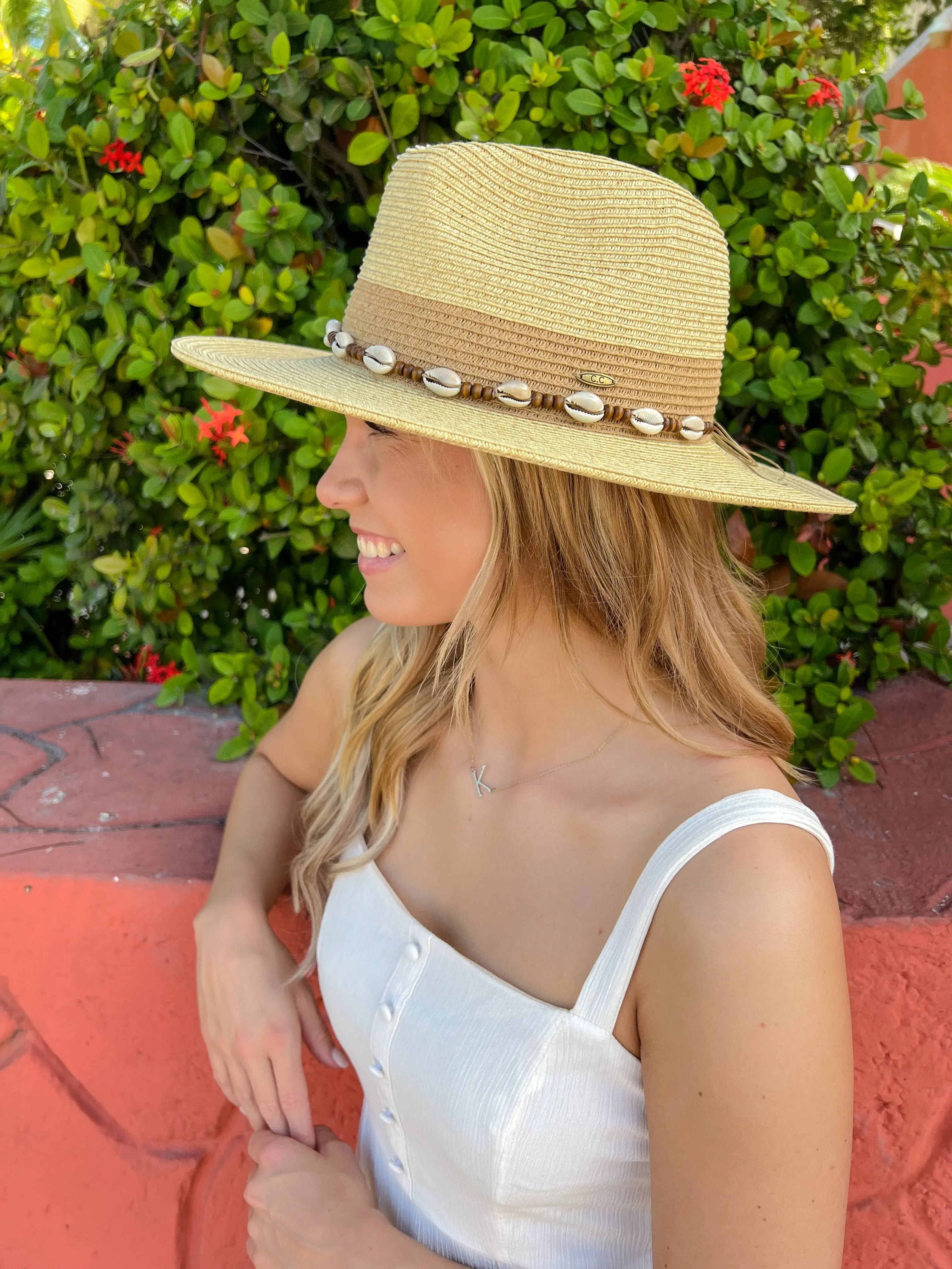 Two-Tone Shell & Wood Bead Trim Panama Hat C.C Beanie