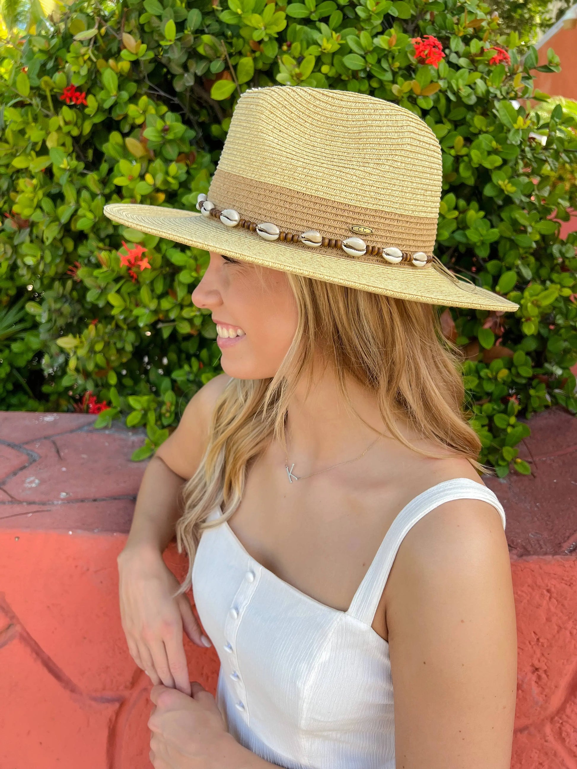 Two-Tone Shell & Wood Bead Trim Panama Hat C.C Beanie