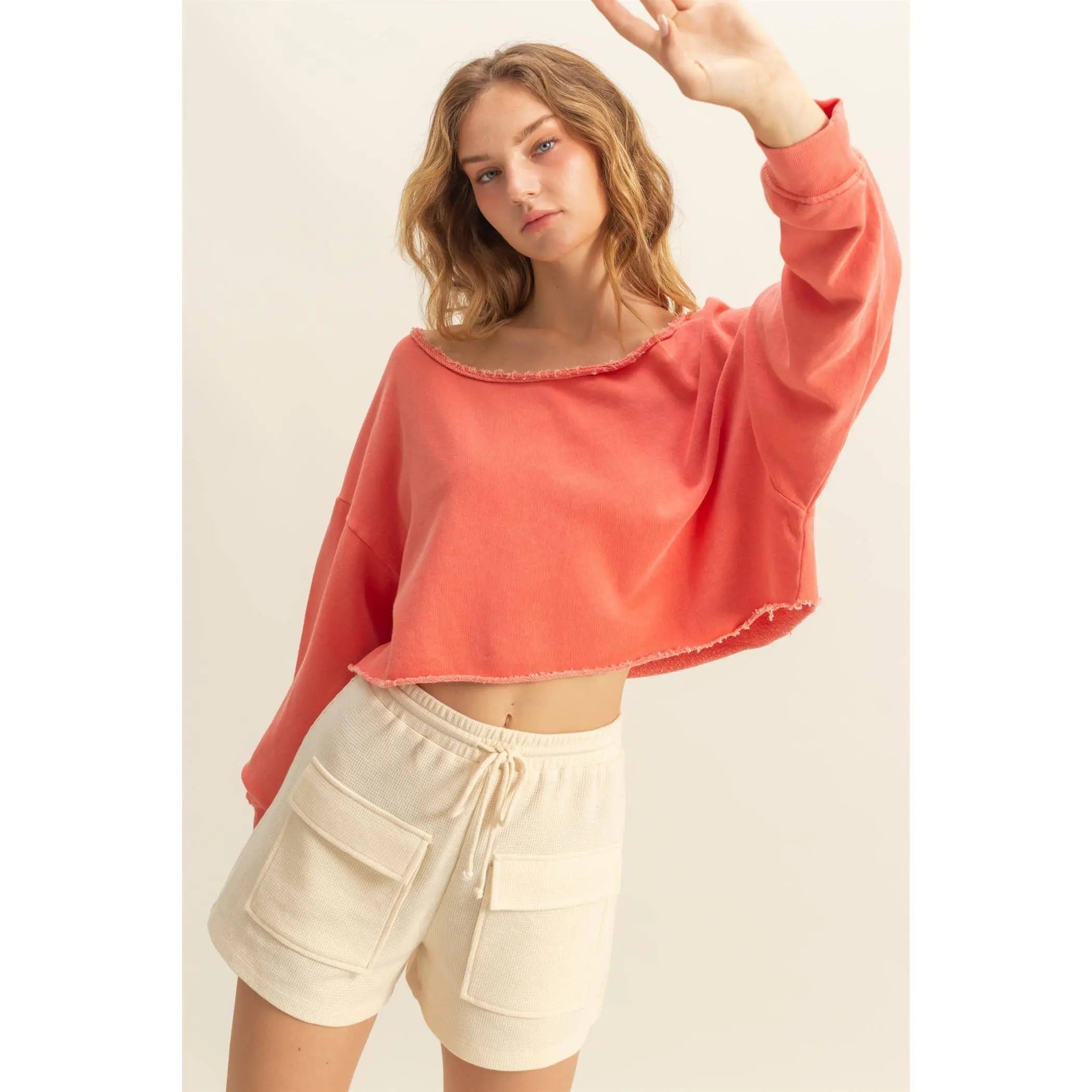 Frayed Detail Long Sleeve Crop Top HYFVE
