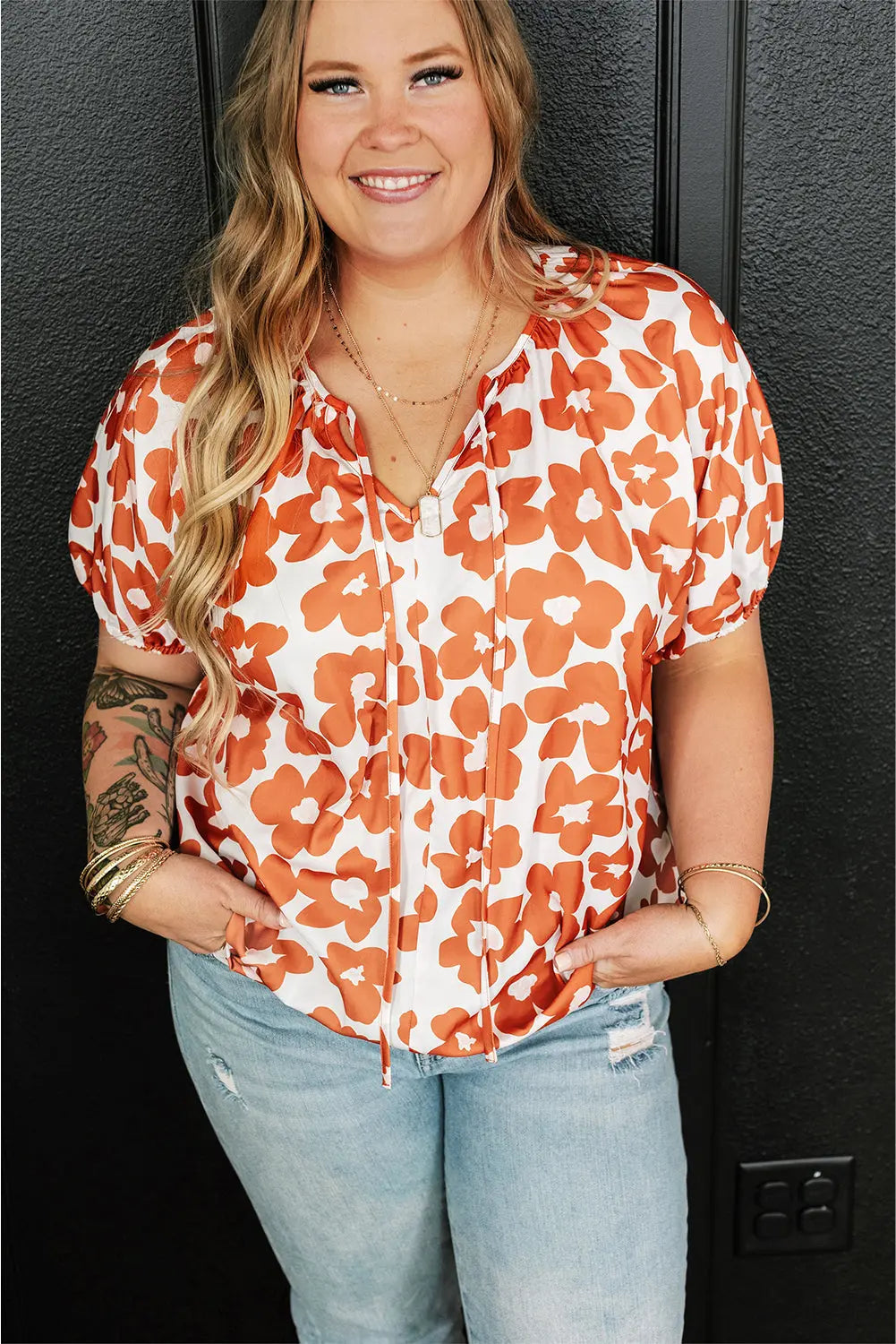 Orange Floral Drawstring V Neck Florida Girl Fashion Boutique