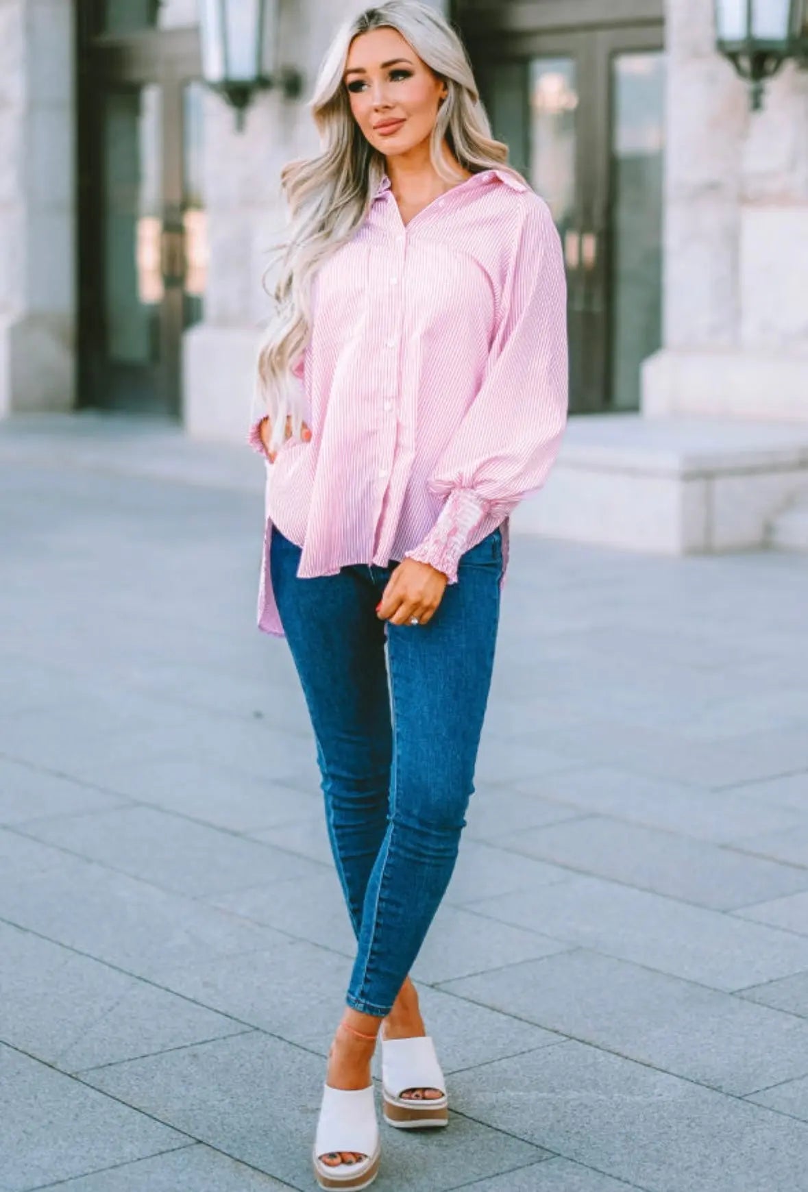 Pink Striped Ruffle Cuff Button-Down Blouse Florida Girl Fashion Boutique
