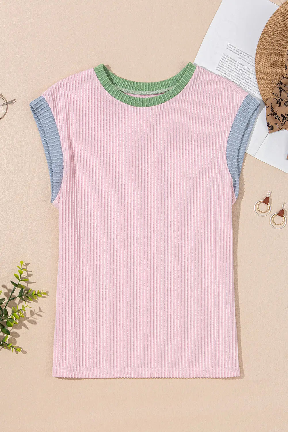 Pink Color Block Corded Knit Crew Neck Tee Florida Girl Fashion Boutique