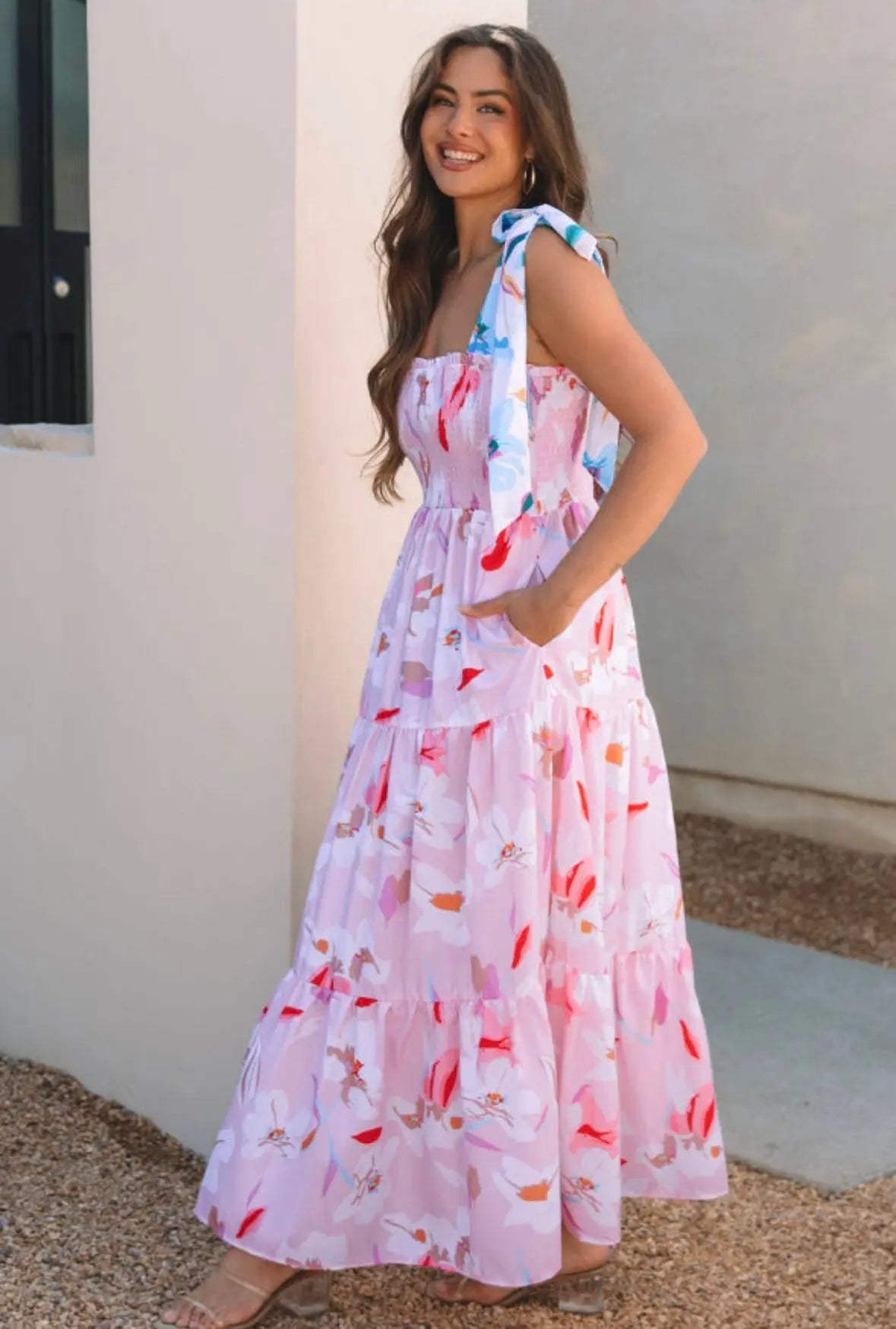 Pink Smocked Knot Shoulder Maxi Florida Girl Fashion Boutique