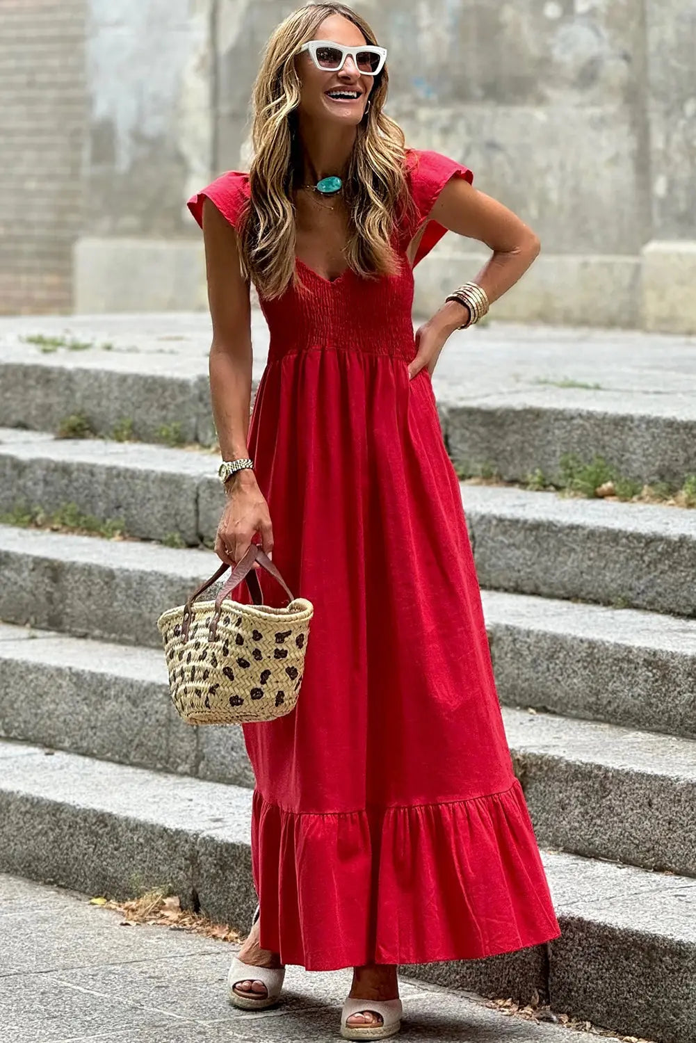 Red Flutter Sleeve High Waist Ruffle Maxi Dress Florida Girl Fashion Boutique