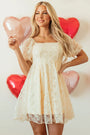 Apricot Sequined Lace Mesh Bubble Sleeve Square Neck Dress Florida Girl Fashion Boutique