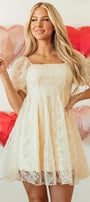 Apricot Sequined Lace Mesh Bubble Sleeve Square Neck Dress Florida Girl Fashion Boutique