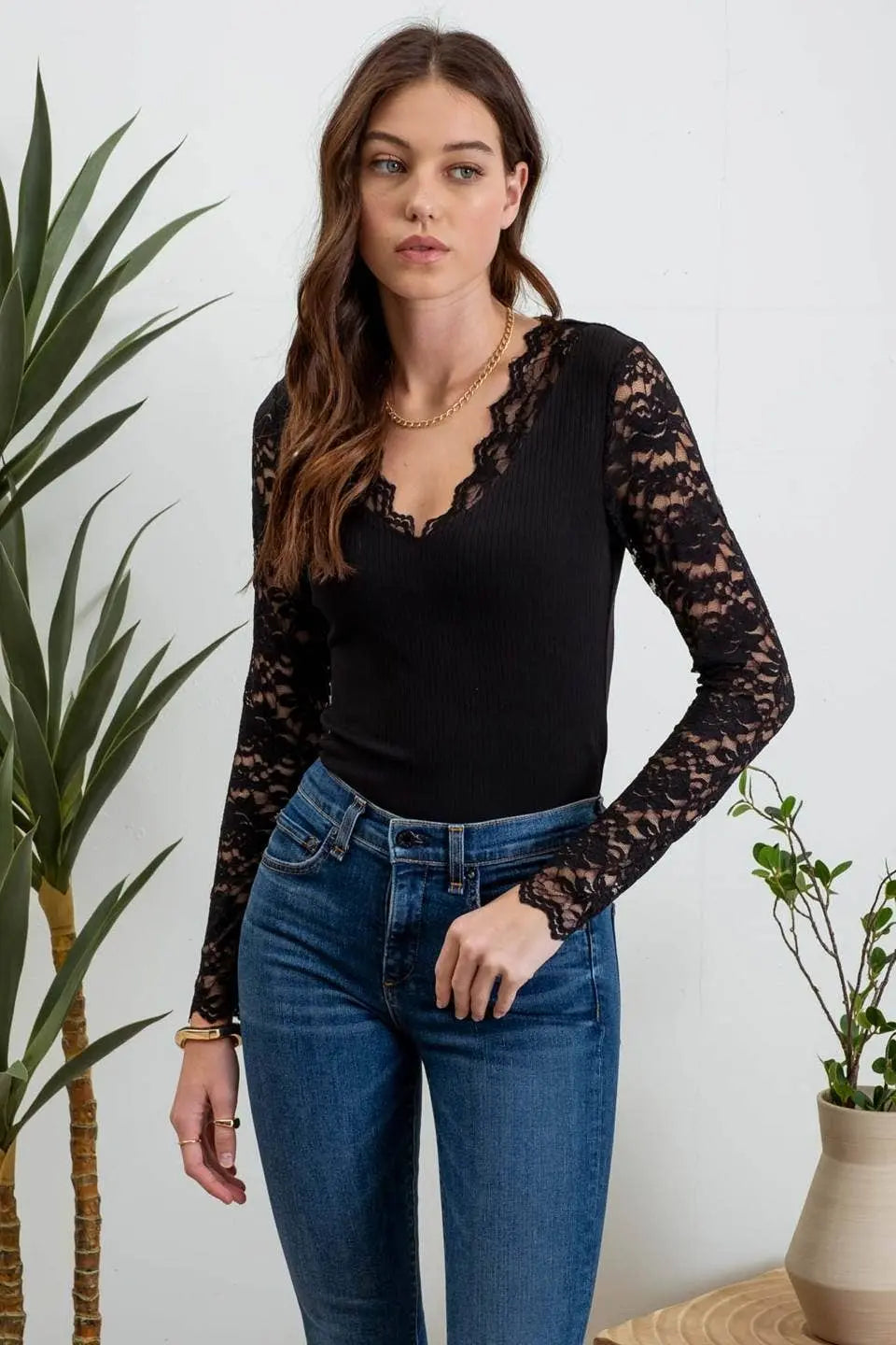Lace Trim V Neck Top Blu Pepper