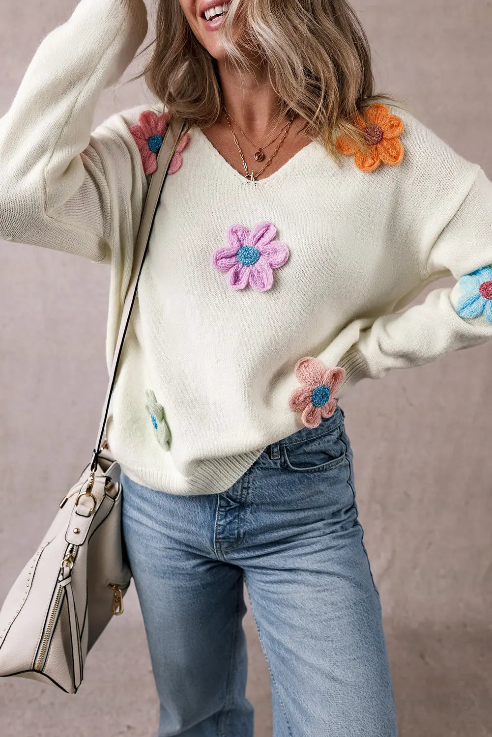 Crochet Flower V Neck Sweater Florida Girl Fashion Boutique