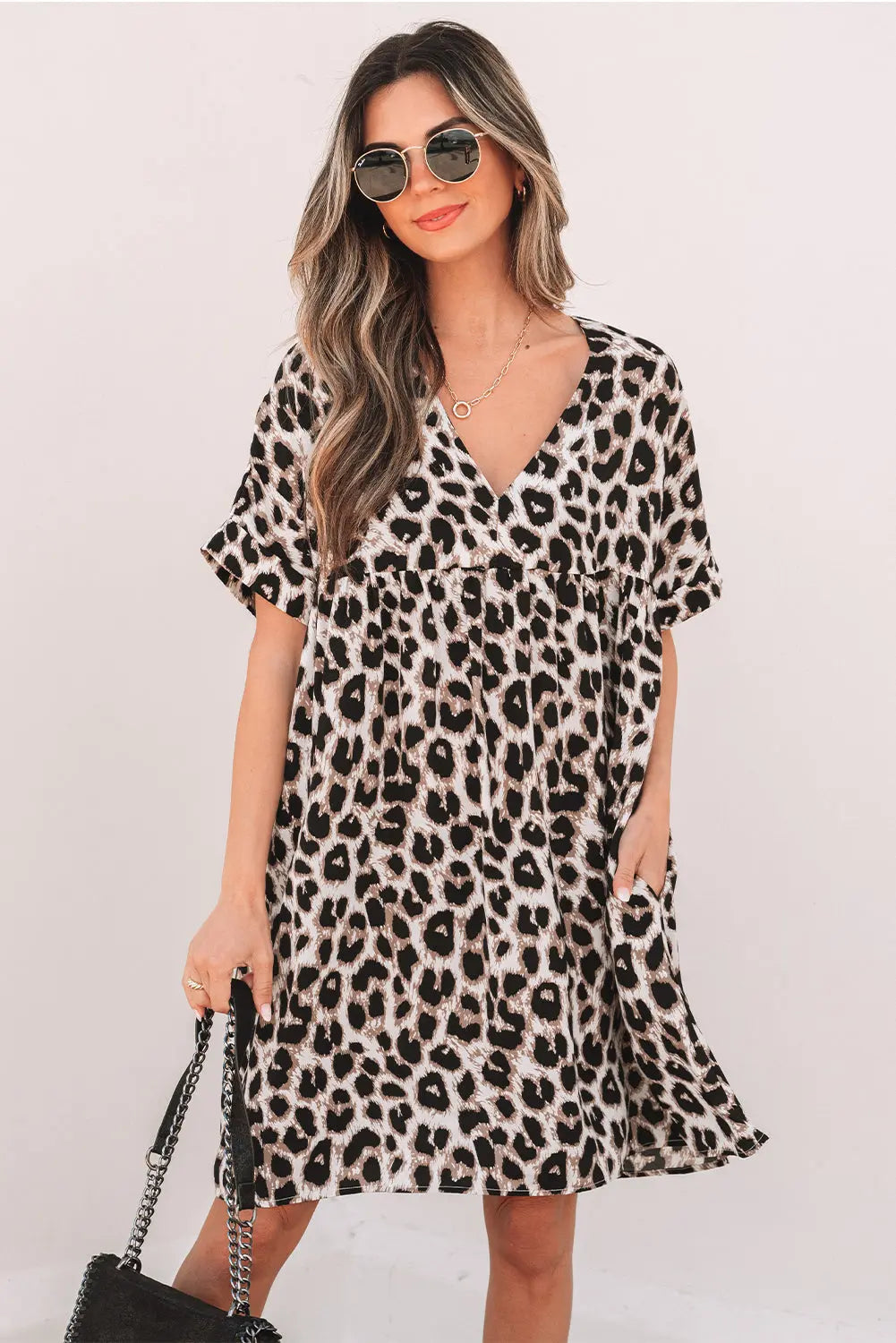 Cheetah Print Backless V Neck Loose Fit Mini Dress Florida Girl Fashion Boutique