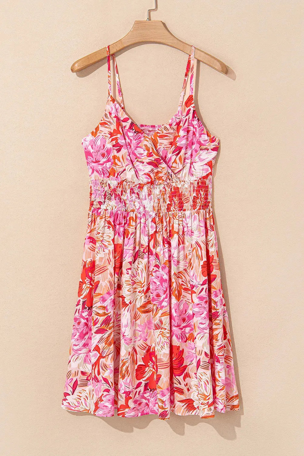 Red Floral Spaghetti Strap Surplice Neck Shirred Waist Mini Dress Florida Girl Fashion Boutique