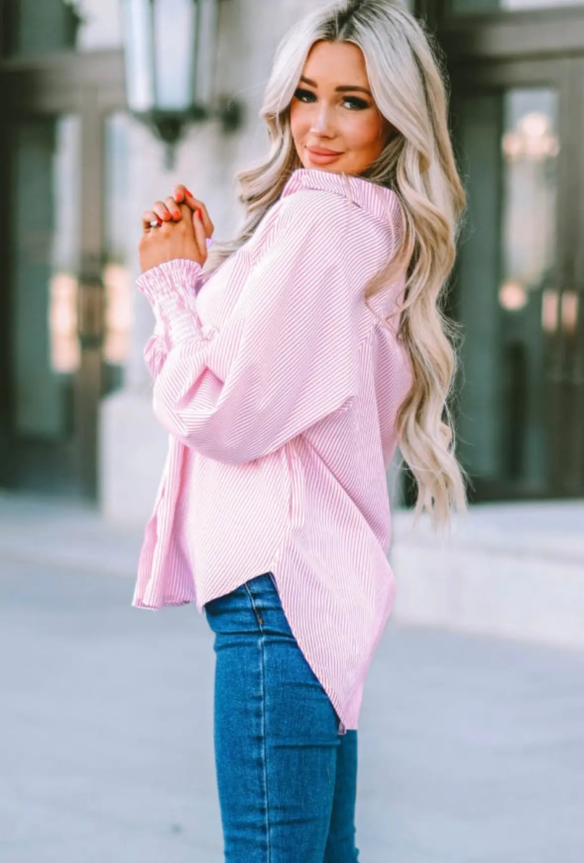 Pink Striped Ruffle Cuff Button-Down Blouse Florida Girl Fashion Boutique
