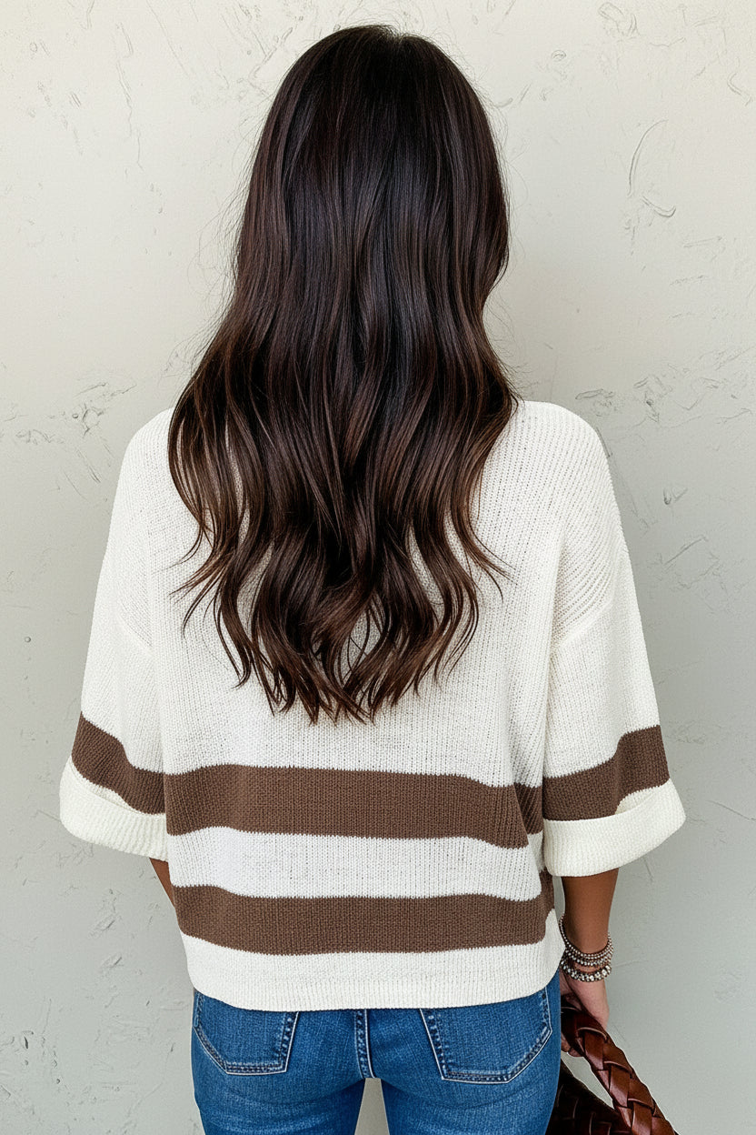 Brown Striped V Neck Cropped Sweater T Shirt Florida Girl Fashion Boutique