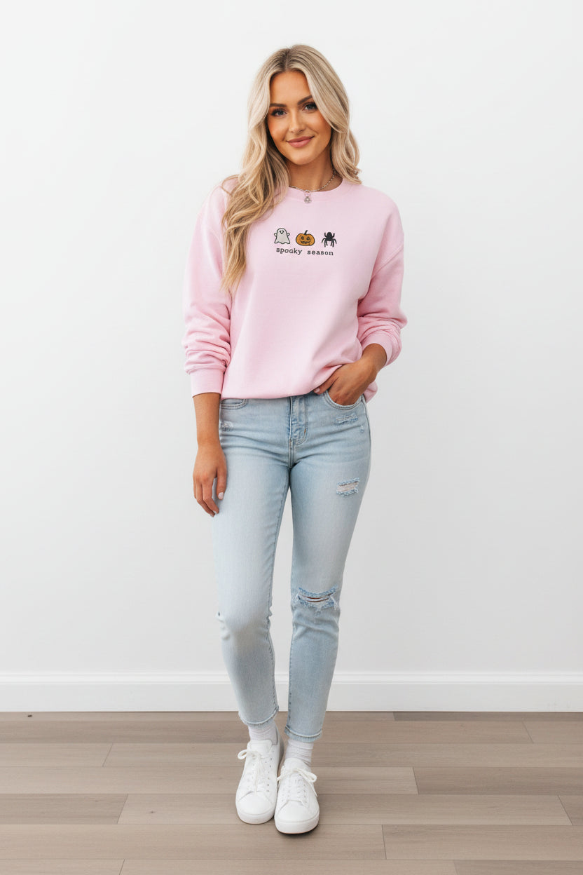 Spooky Season Embroidered Pink Sweatshirt