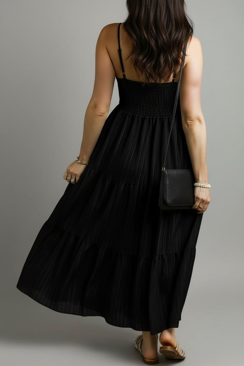 Black Smocked Pleated Tiered Maxi Dress Florida Girl Fashion Boutique